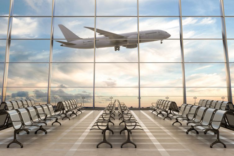 Empty,Airport,Terminal,Lounge,With,Airplane,On,Background.,3d,Illustration